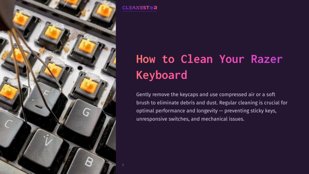 Close-Up Of A Razer Keyboard With Orange Mechanical Switch Tops Removed, Showing The Clean Interior Being Worked On With A Tool. Text Overlay Reads &Quot;How To Clean Your Razer Keyboard&Quot;.