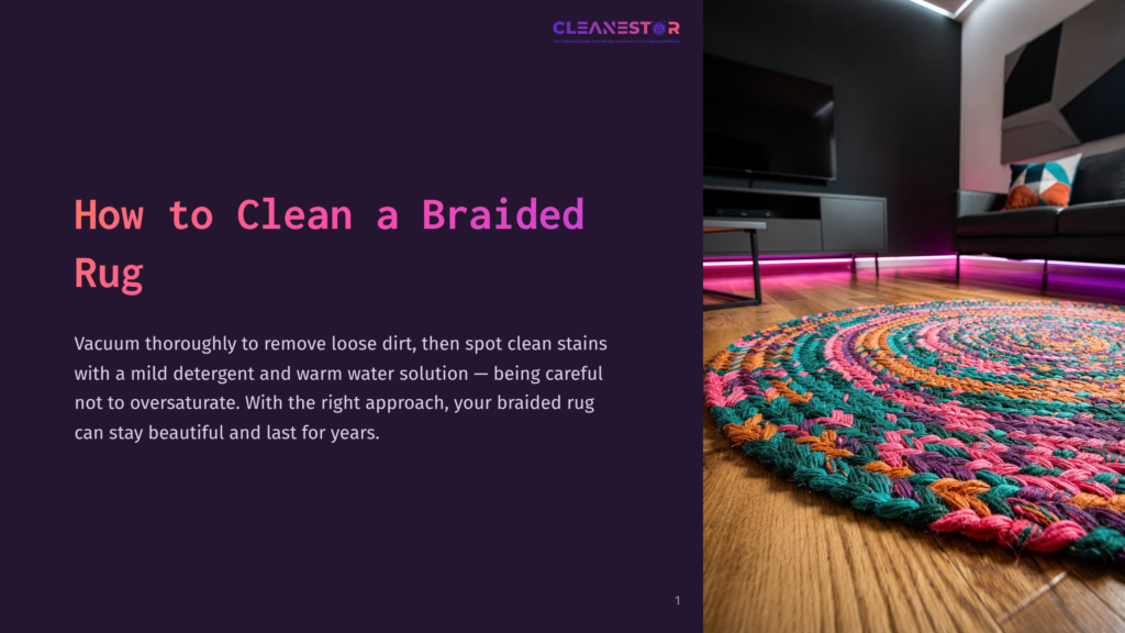 A Colorful Braided Rug With Circular Patterns Lies On A Wooden Floor, Near A Modern Tv And Pink Ambient Lighting.
