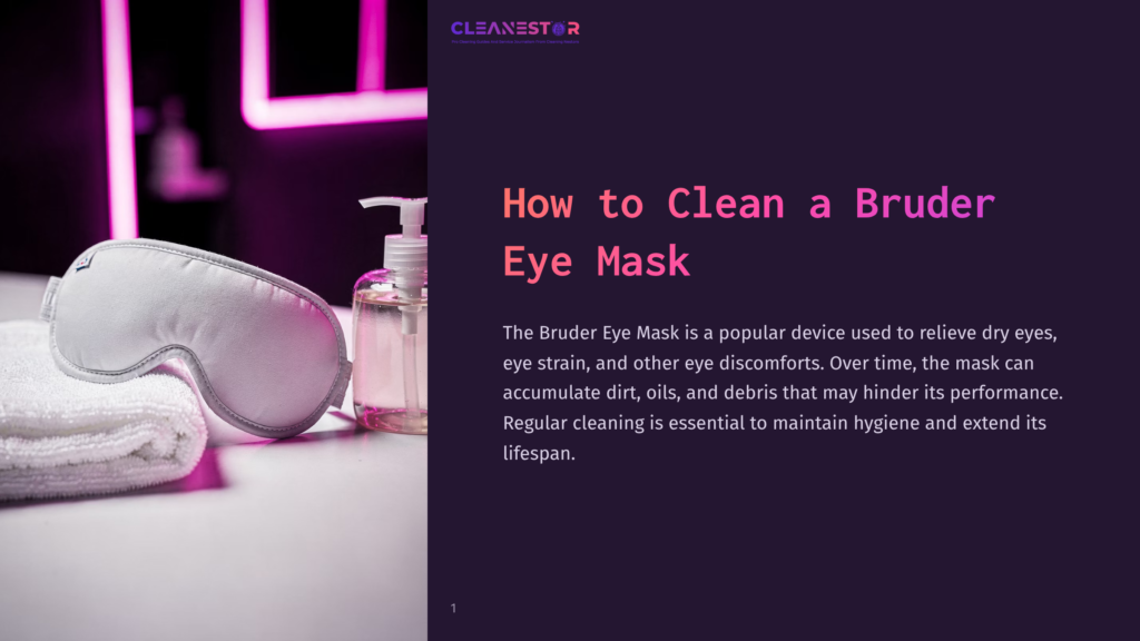 A White Bruder Eye Mask Rests On A Folded White Towel Next To A Clear Pump Bottle Of Liquid, With A Blurred Background Of Purple And White Lighting.
