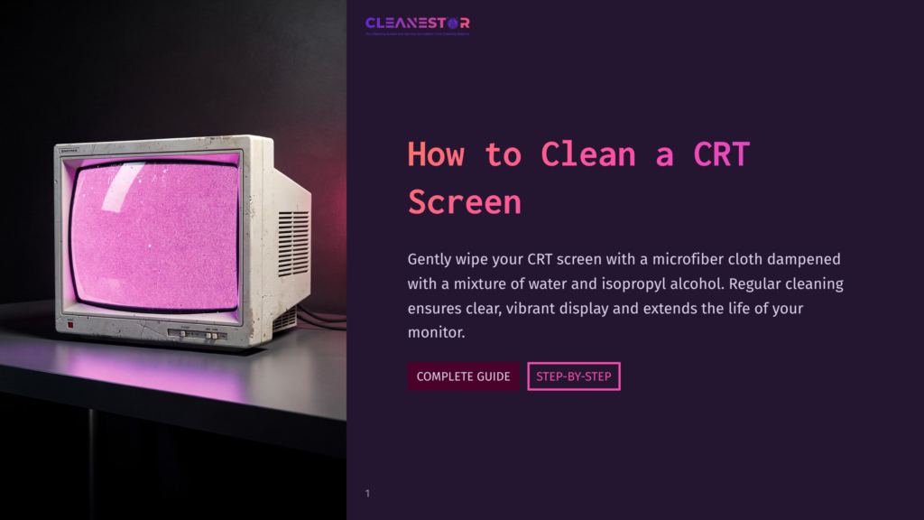 A Dusty Crt Monitor With A Pink-Tinted Screen Sits On A Black Surface, Featuring A White Microfibre Cloth Nearby.