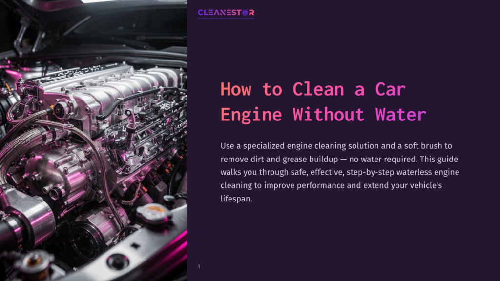 1 How To Clean A Car Engine Without Water Close-Up Of A Clean, Detailed Car Engine With Silver And Chrome Components, Illuminated By Pink And Purple Light. The Text &Quot;How To Clean A Car Engine Without Water&Quot; Is Visible On The Right.