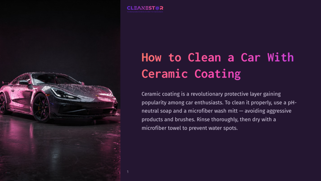 1 How To Clean A Car With Ceramic Coating Sleek Black Sports Car With Water Droplets, Reflecting Vibrant Pink And Purple Lights, On A Dark, Wet Surface. &Quot;Cleanestor&Quot; Logo Visible.
