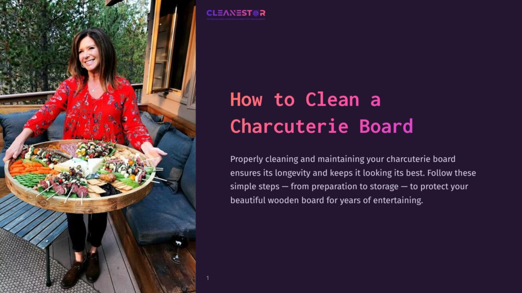 Woman In A Red Top Holding A Large Wooden Charcuterie Board Filled With Meats, Cheeses, Fruits, And Vegetables. The Text &Quot;Cleanestor How To Clean A Charcuterie Board&Quot; Is Visible.