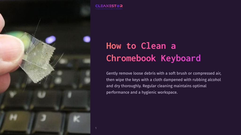 A Close-Up Of A Person'S Hand Holding Clear Tape, Preparing To Clean A Chromebook Keyboard With Dark Keys In The Background.