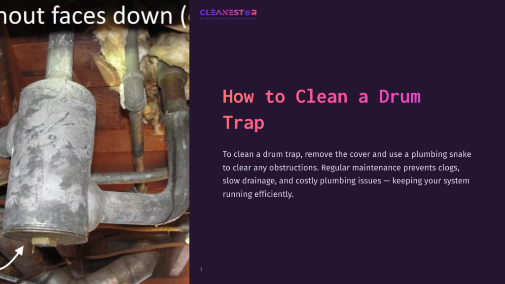 1 How To Clean A Drum Trap Metal Drum Trap With Pipes, Showing A Covered Opening And Residue Buildup, All Set Against A Dark Background With Maintenance Instructions.