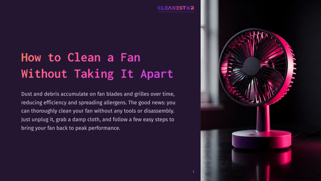 A Modern Fan With A Pink And Black Design, Positioned On A Dark Surface, Beside Text About Cleaning Fans Without Disassembly.