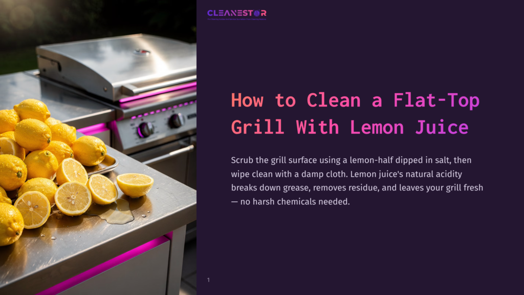 A Silver Flat-Top Grill With A Shiny Surface, Surrounded By Halved Lemons, Sits On A Stainless Steel Countertop.
