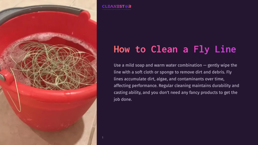 A Red Bucket Filled With Soapy Water And A Tangled Fly Line Submerged Inside, Surrounded By A Textured Surface.