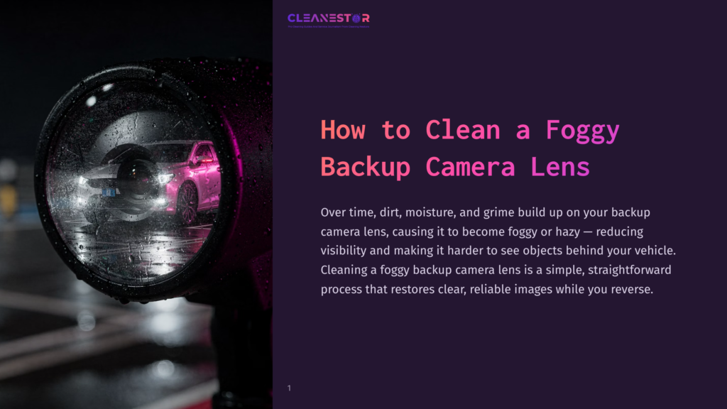 1 How To Clean A Foggy Backup Camera Lens A Close-Up Of A Backup Camera, Featuring A Pink Car In The Background, Illuminated By A Colorful Glow, Surrounded By Dark Surroundings.
