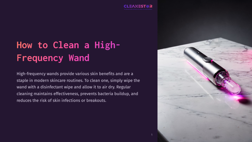 A High-Frequency Wand With A Glowing Tip Rests On A Marble Surface, Surrounded By Purple-Toned Text And Instructions For Cleaning.