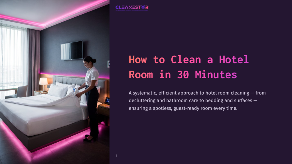 A Hotel Room With A Neatly Made Bed, Pink Ambient Lighting, And A Staff Member Arranging Linens, Showcasing An Organized Cleaning Space.