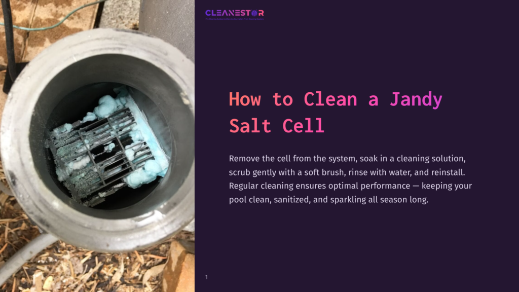 A Close-Up Of A Jandy Salt Cell In A Maintenance Container, Featuring Blue Cleaning Solution And A Brush Nearby, Surrounded By Debris.