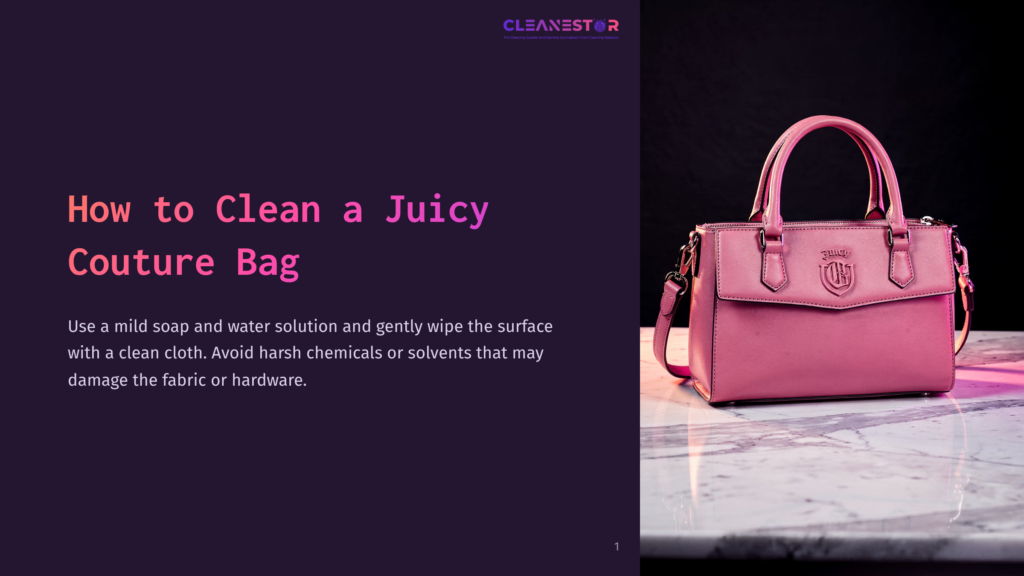 A Pink Juicy Couture Handbag Sits On A Marble Surface, With A Dark Purple Background And Text Overlay Reading &Quot;How To Clean A Juicy Couture Bag&Quot;.