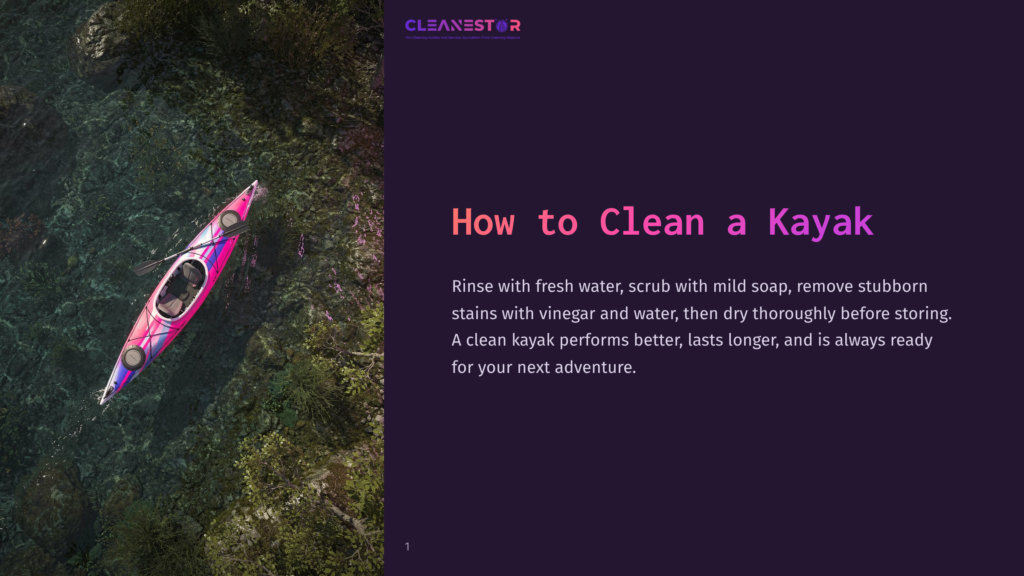 1 How To Clean A Kayak Overhead View Of A Pink And Blue Kayak Floating On Clear, Shallow Water With Green Seaweed Below. The Text &Quot;Cleanestor&Quot; Is Visible At The Top.