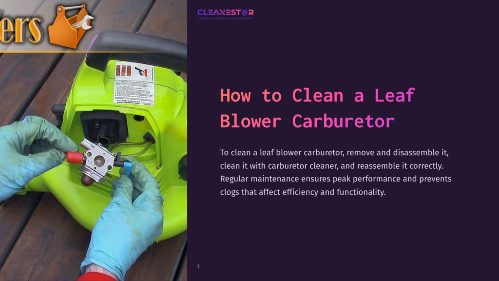 A Person In A Blue Glove Disassembles A Green Leaf Blower Carburetor, With Tools And Cleaner Visible On A Wooden Surface.