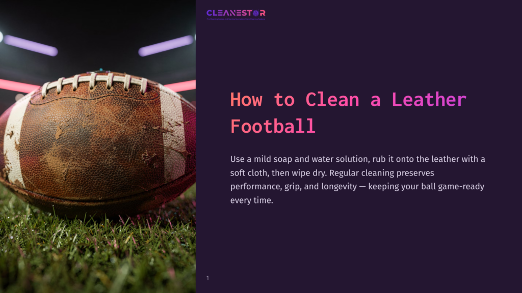 1 How To Clean A Leather Football A Worn Leather Football Resting On Grass, With A Dark Background And Neon Lights, Accompanied By Cleaning Tips And Advice.