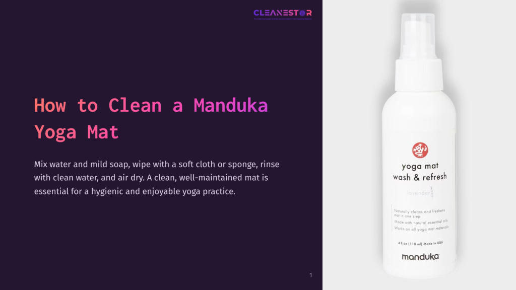 A White Spray Bottle With A Label, Set Against A Dark Purple Background, Suggesting Cleaning Supplies For Yoga Mats.