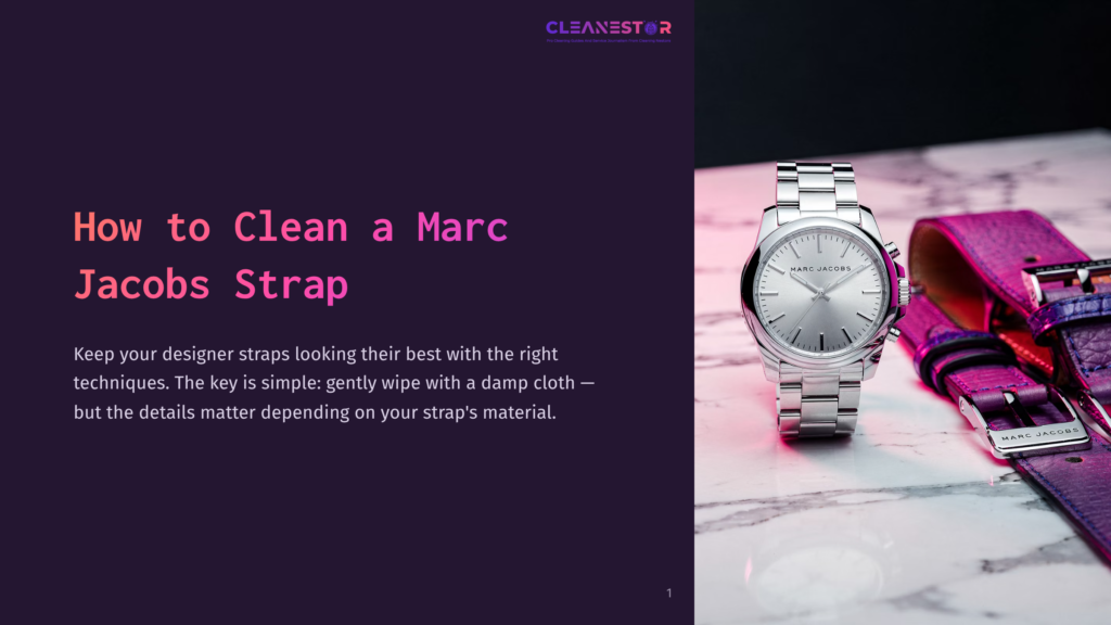 Silver Marc Jacobs Watch With A White Face And A Metal Band, Resting On A Marble Surface Next To A Vibrant Purple Leather Strap. The Text &Quot;Cleanestor&Quot; Is Visible At The Top.