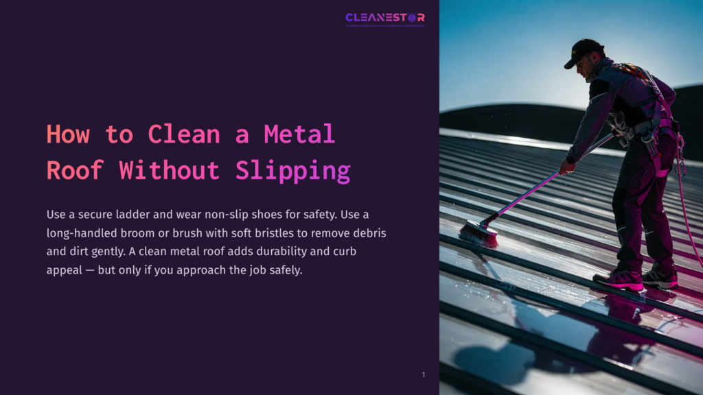 A Person In Work Attire Cleans A Metal Roof Using A Brush, Standing On A Ladder, With A Bright Sky In The Background.