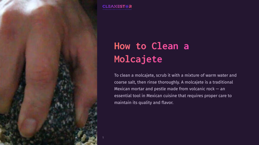 A Close-Up Of A Hand Scrubbing A Dark, Textured Molcajete With Grains Of Salt Scattered Around, Emphasizing The Cleaning Process.