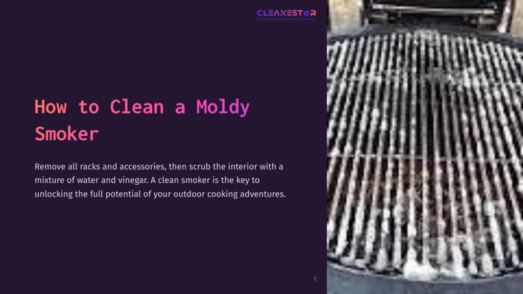 1 How To Clean A Moldy Smoker Close-Up Of A Dirty Smoker Grill With Rusted Grates And Mold. A Purple Background Accentuates The Image, Emphasizing Cleaning Instructions.