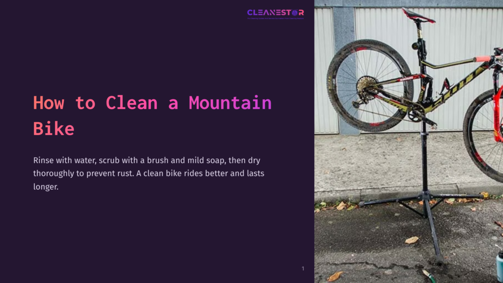 A Mountain Bike Hanging Upside Down, Red And Black Colors Visible, With A Concrete Background And Scattered Leaves On The Ground.
