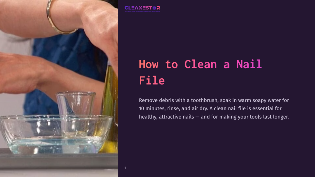 A Person Holds A Toothbrush Over A Small Bowl Of Soapy Water Next To Another Bowl And A Bottle Of Cleaning Solution, Preparing To Clean A Nail File.