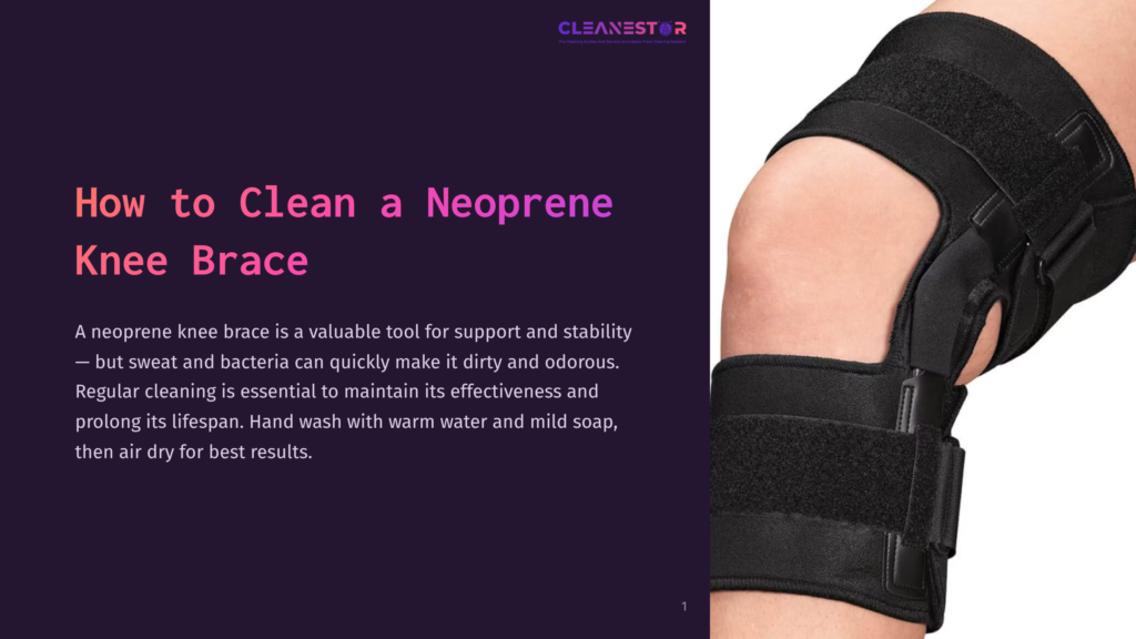 Close-Up Of A Knee With A Black Neoprene Knee Brace, Showcasing Its Strap And Texture Against A Purple Background.