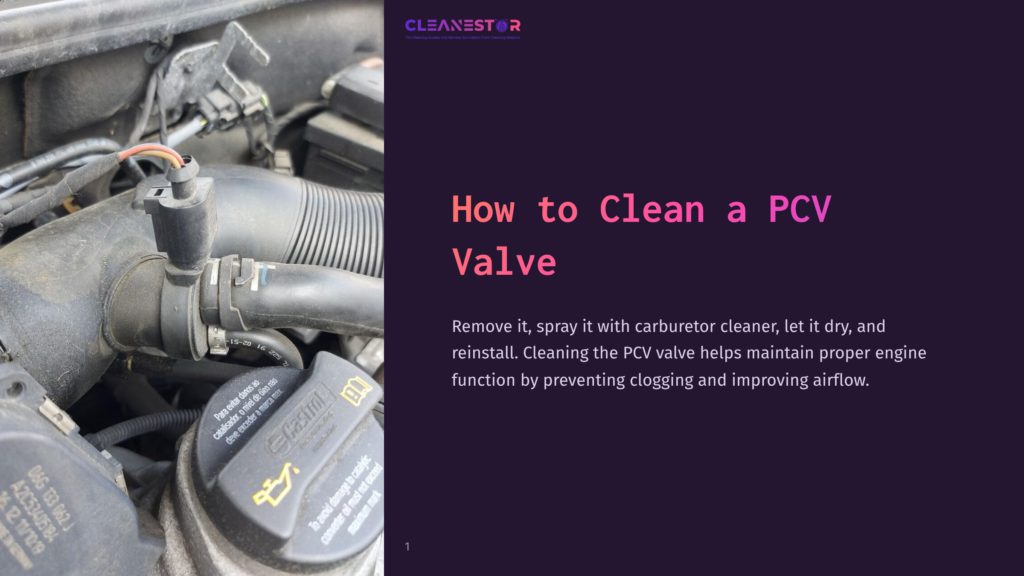 Close-Up Of A Car Engine Compartment Showing A Pcv Valve And Hoses, With A Focus On Maintenance Instructions And A Cleaner Product.