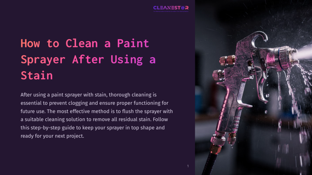 A Close-Up Of A Paint Sprayer Dispensing Water, With A Gradient Purple Background And Text About Cleaning After Using Stain.