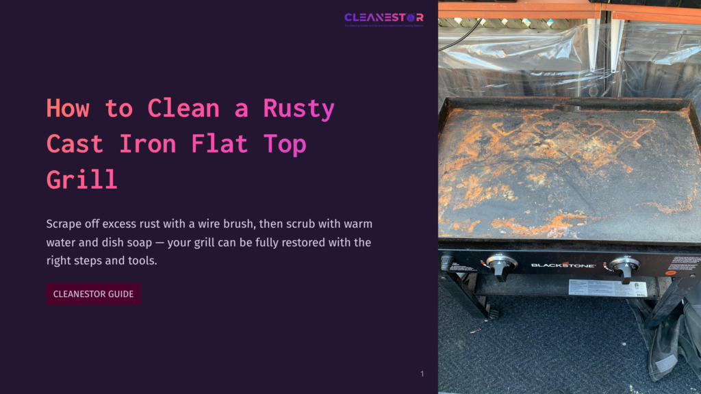 A Rusty Black Cast Iron Flat Top Grill With Orange-Brown Rust Spots, Set Against A Black Surface, Showing Wear And Age.