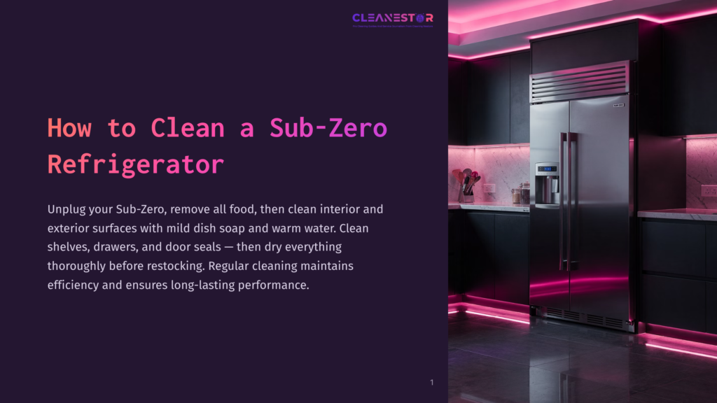 Modern Sub-Zero Refrigerator In A Sleek, Dark Kitchen With Vibrant Pink Led Lighting Accentuating The Cabinetry And Appliances. The Text &Quot;Cleanestor&Quot; Is Visible At The Top.