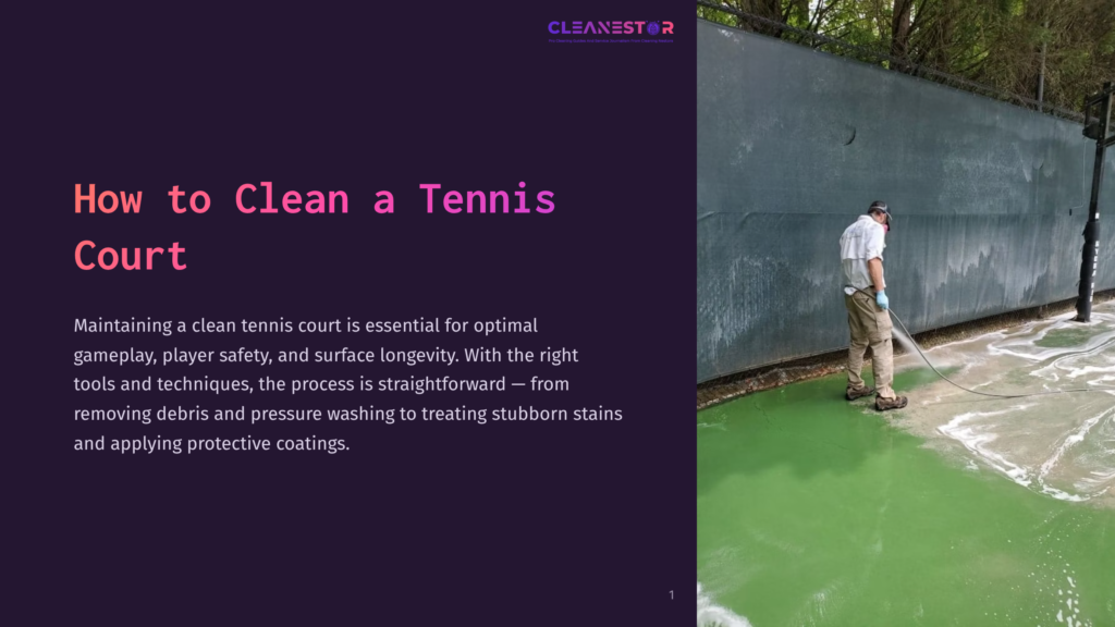 A Person Wearing A White Shirt And Beige Pants Sprays Water On A Green Tennis Court Beside A Blue Wall, Surrounded By Greenery.