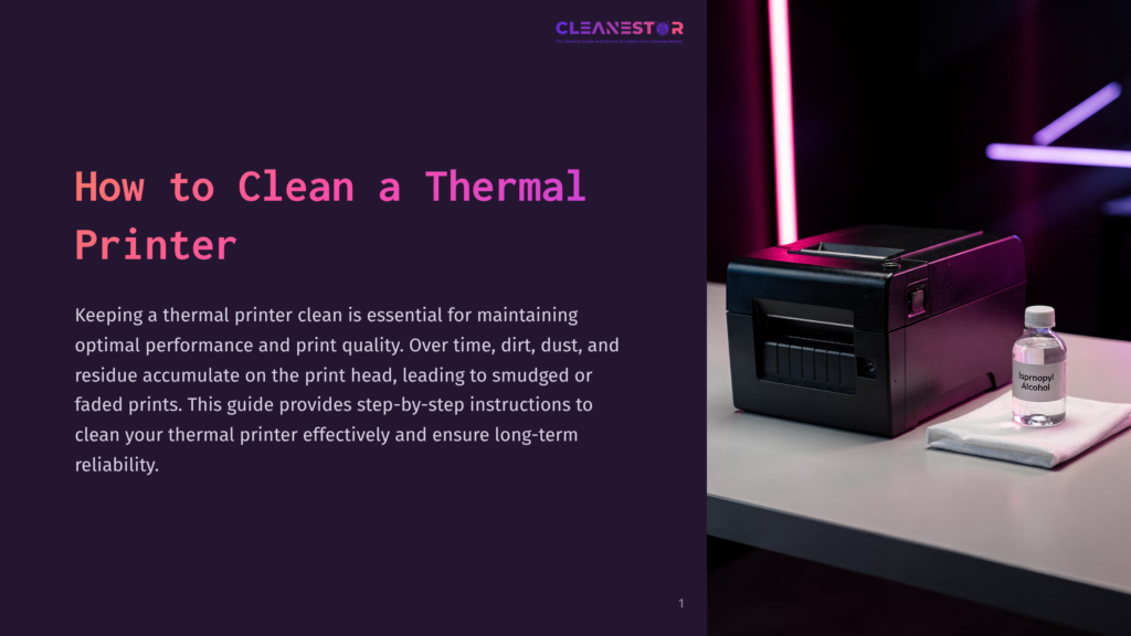 Thermal Printer On A Table With A Cleaning Solution Nearby, Surrounded By A Dark Background Lit With Pink And Purple Hues.