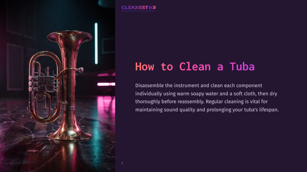 A Shiny Brass Tuba Stands On A Dark, Reflective Surface With Colorful, Moody Lighting In The Background.