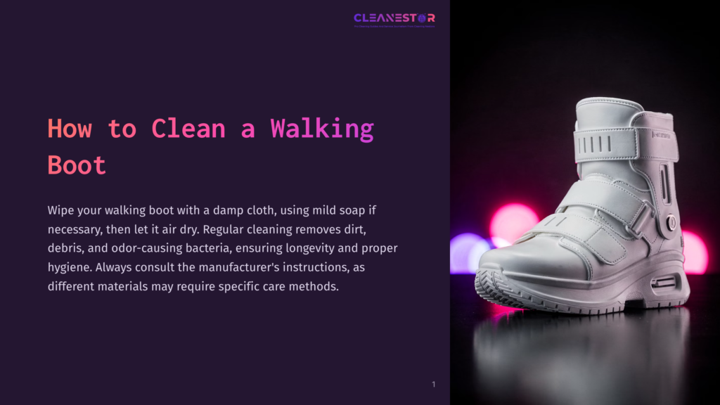 A White Walking Boot On A Purple Background With A Blurred Light Gradient, Highlighting Its Design And Details.
