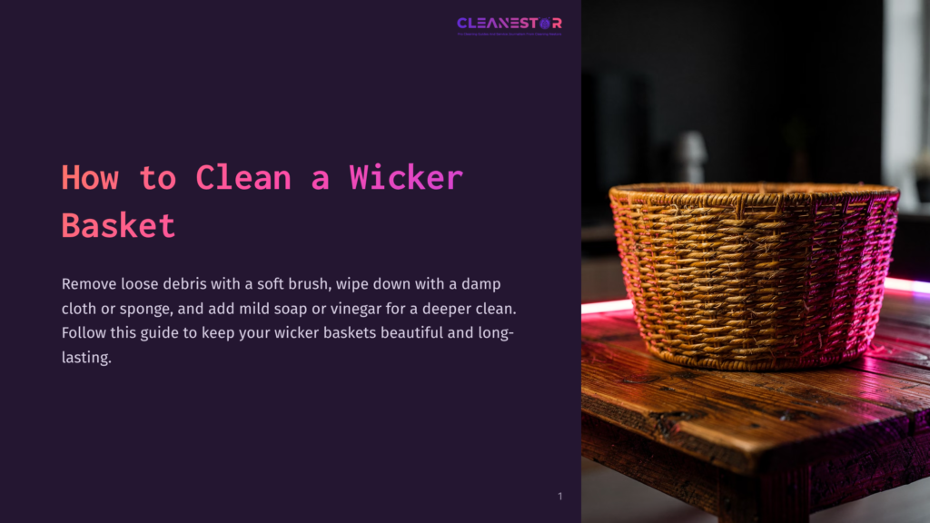 A Rustic Wicker Basket Sits On A Wooden Table, Illuminated By Vibrant Pink Neon Lights, With Text Overlay &Quot;How To Clean A Wicker Basket&Quot;.