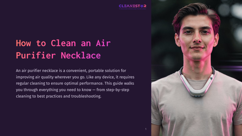 A Young Man Wearing An Air Purifier Necklace Stands Against A Purple Background, Illuminated With Soft Pink Lighting.