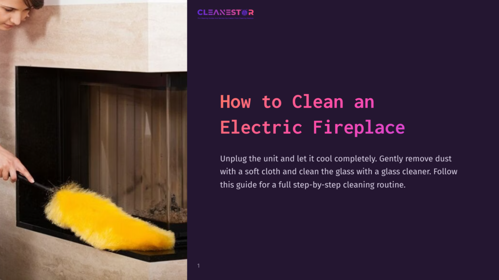 A Person Using A Yellow Duster To Clean The Glass Front Of An Electric Fireplace With A Modern Fireplace Design In The Background.