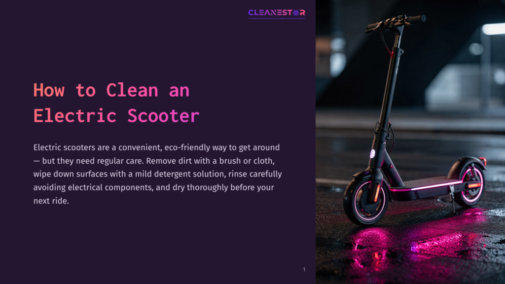 1 How To Clean An Electric Scooter A Black Electric Scooter On A Dimly Lit Surface, Showcasing Sleek Lines And Vibrant Red Accents, Against A Purple Background.