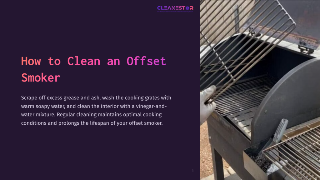 A Person Holds A Cleaning Brush Near A Black Offset Smoker, Showcasing The Grates And Cooking Chamber, With Ash And Grease Visible.