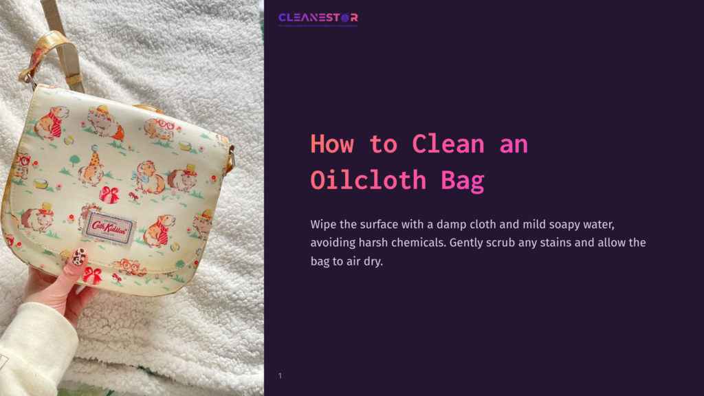 1 How To Clean An Oilcloth Bag A Cath Kidston Oilcloth Bag With A Cute Guinea Pig Print, Held By A Hand With A Pink And White Patterned Nail. The Bag Is On A Textured White Background.