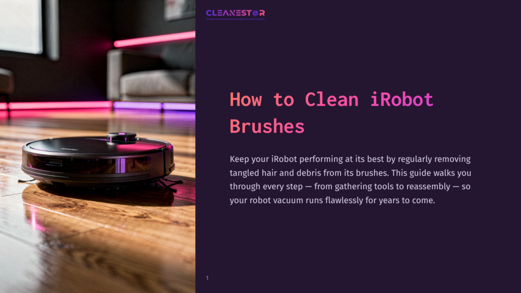 A Dark Gray Irobot Vacuum Cleaner Is Positioned On A Polished Wooden Floor, With A Purple And Pink Neon Light Reflecting On The Floor. The Text &Quot;Cleanestor&Quot; And &Quot;How To Clean Irobot Brushes&Quot; Is Visible.