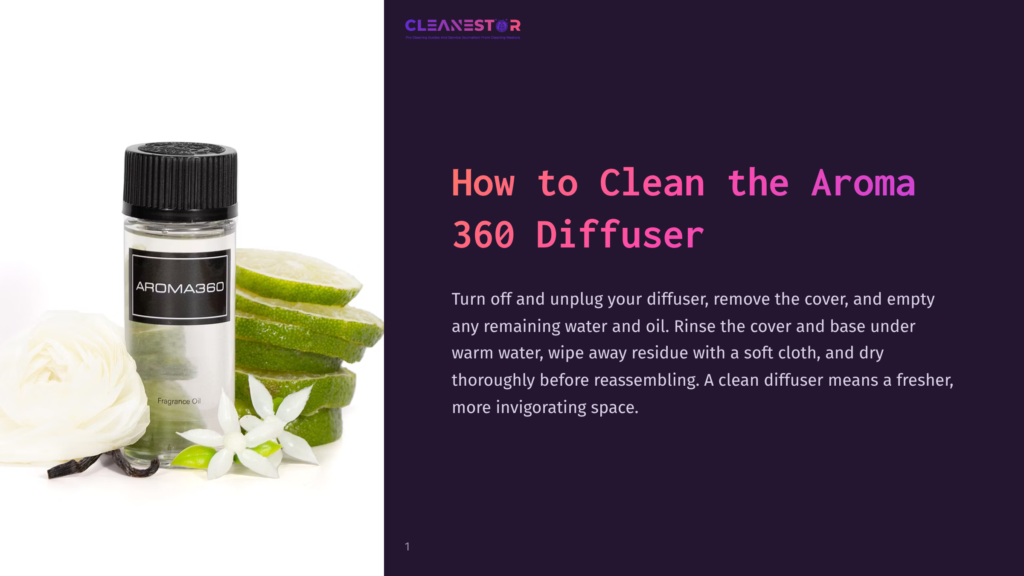 A Sleek Bottle Labeled &Quot;Aroma360&Quot; Beside Fresh Green Limes And White Flowers On A Dark Purple Background.