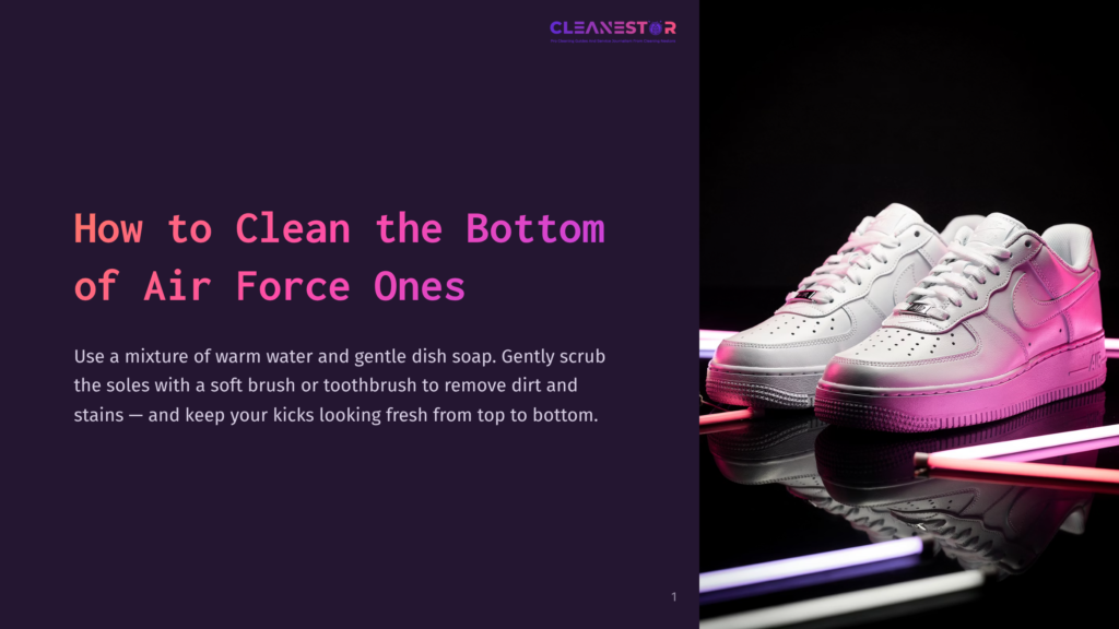 Cleanestor Logo Above A Pair Of White Air Force 1 Sneakers On A Reflective Black Surface, With Pink And Purple Neon Lights In The Foreground.