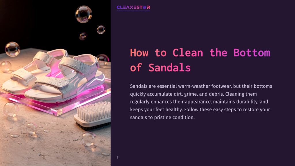 1 How To Clean The Bottom Of Sandals Cleanestor Logo Above A Title &Quot;How To Clean The Bottom Of Sandals&Quot; Next To A Pair Of White And Pink Sandals On A Pink Acrylic Stand, With A Cleaning Brush And Soap Bubbles In The Background.