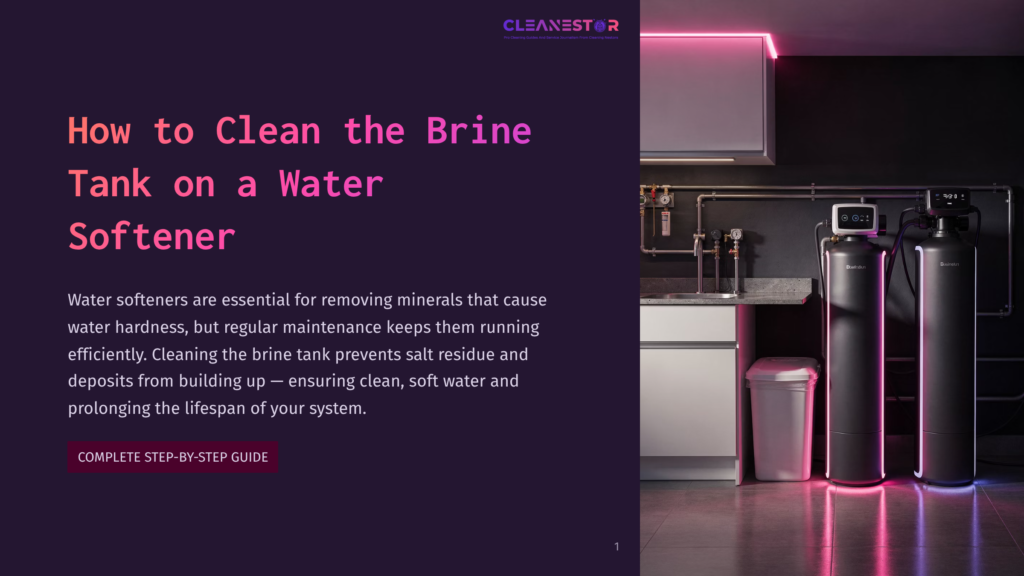 Title Graphic For &Quot;How To Clean The Brine Tank On A Water Softener&Quot; By Cleanestor, Featuring The Title Text On A Dark Purple Background And A Modern Water Softener System In A Dimly Lit Room On The Right.