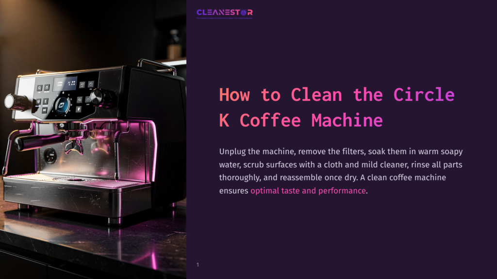 A Sleek, Modern K Coffee Machine, Illuminated By Vibrant Pink And Purple Lights, Sits On A Dark Countertop. The Text &Quot;How To Clean The Circle K Coffee Machine&Quot; Is Overlaid On The Right Side Of The Image.