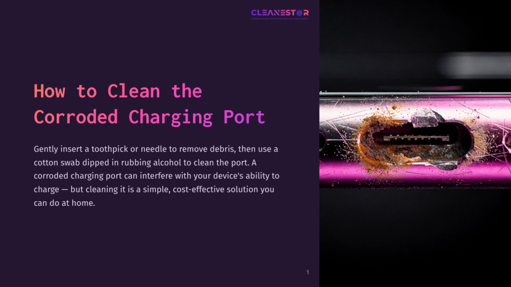 1 How To Clean The Corroded Charging Port A Close-Up Of A Corroded Charging Port On A Device, With Visible Rust And Debris, Set Against A Dark Purple Background.