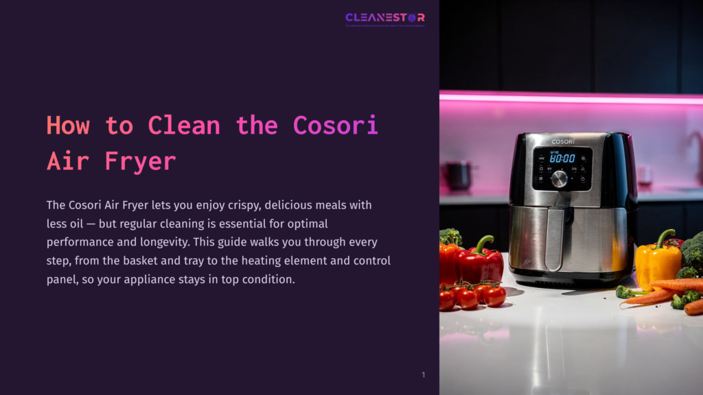 A Stainless Steel Cosori Air Fryer Sits On A Countertop, Surrounded By Fresh Vegetables, Against A Purple And Pink Backdrop.